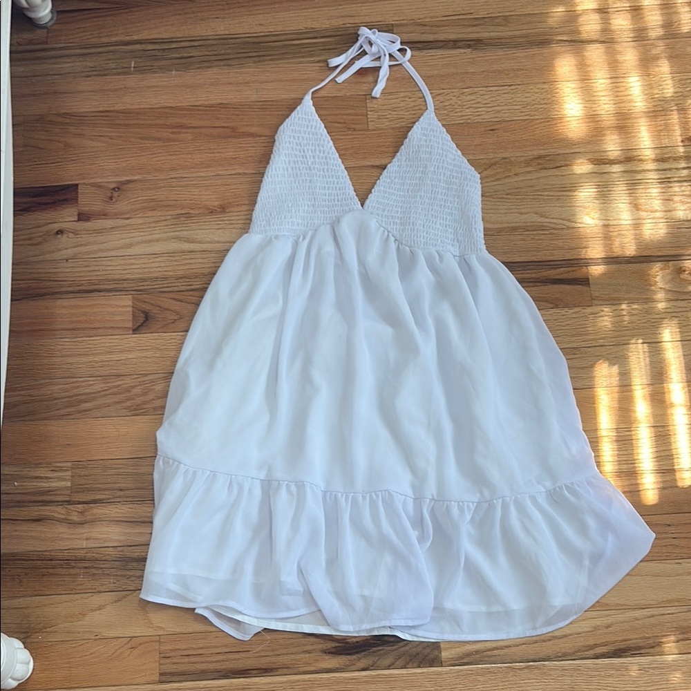 Shein ruffle hem tie backless halter neck chiffon white dress